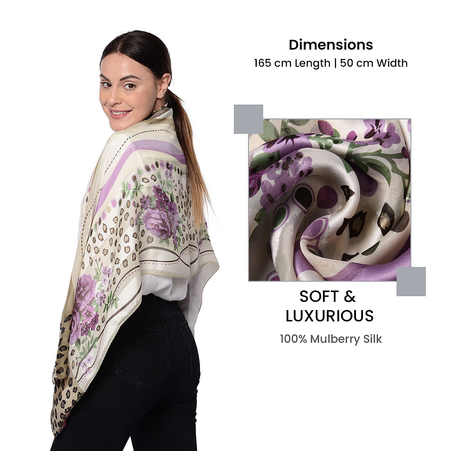 LA MAREY 100% Mulberry Silk Purple Flowers Print on Cream Scarf (165x50cm)