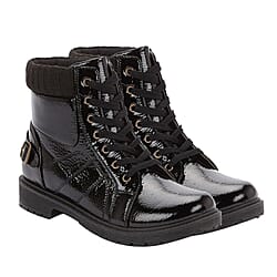 Black Patent Knitted Collar Hiker Boots