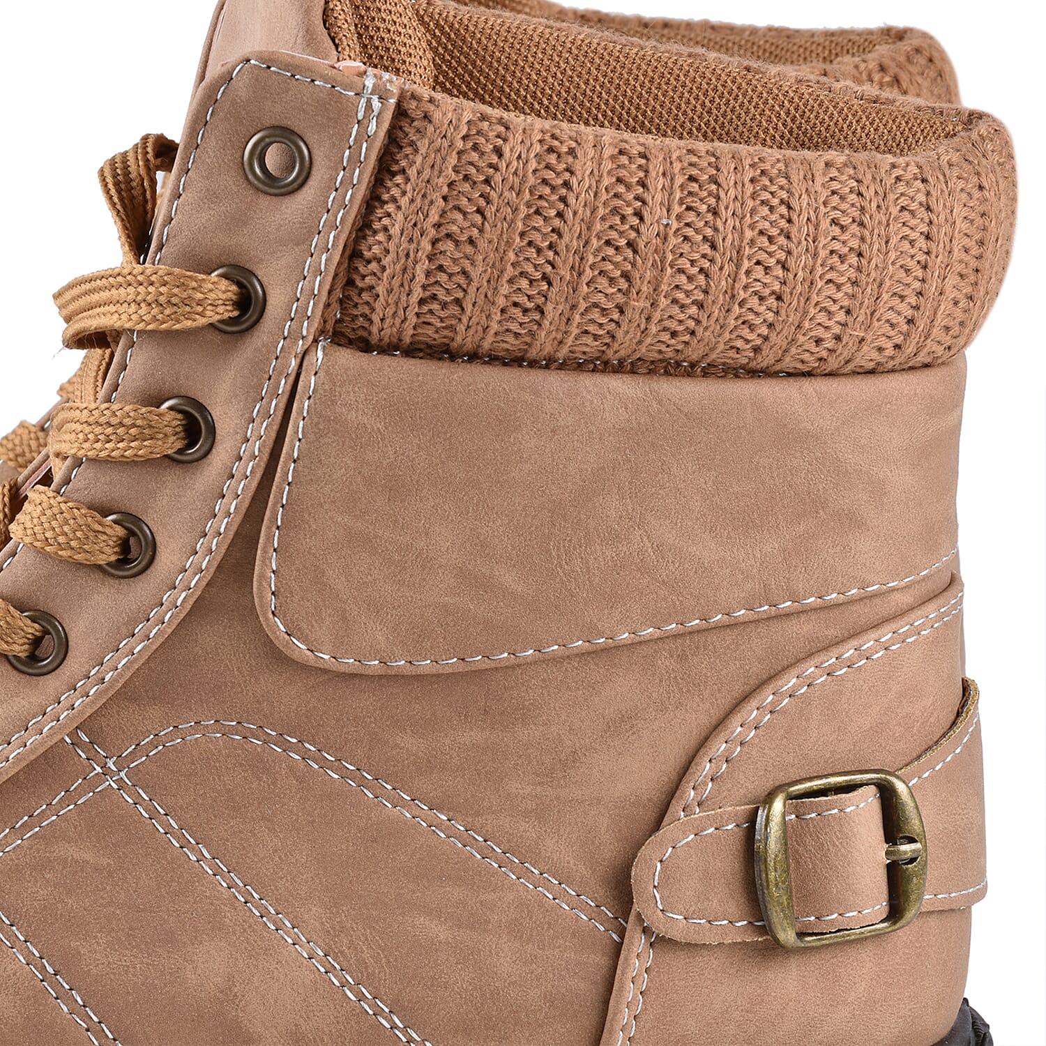 Khaki Knitted Collar Hiker Boots
