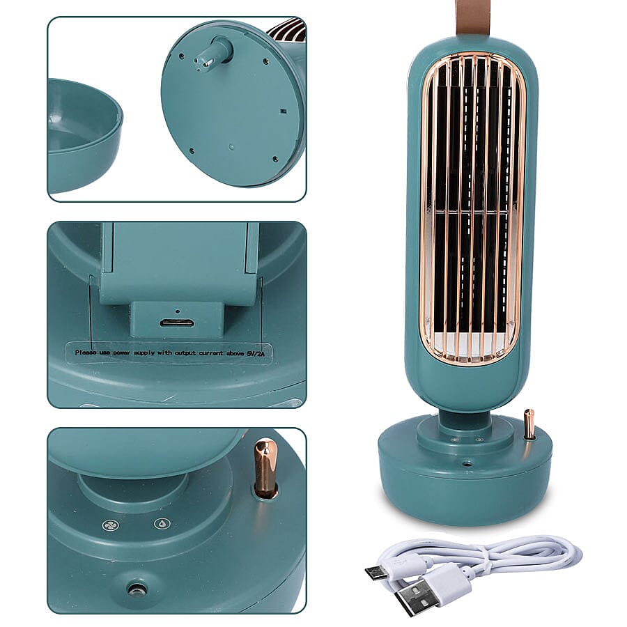 2 in 1 USB Bladeless Humidifier Tower  Fan - Green - 220ml Water Tank