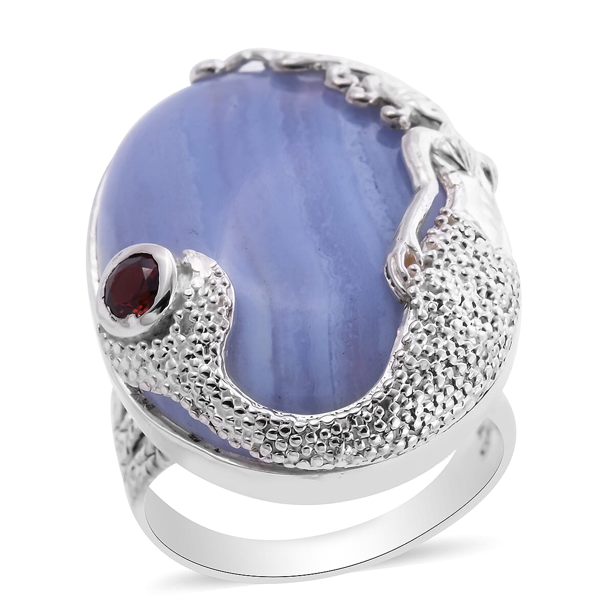 Sajen Silver - Blue Lace Agate and Mozambique Garnet Ring in Sterling Silver 38.00 Ct, Silver wt. 10.50 Gms