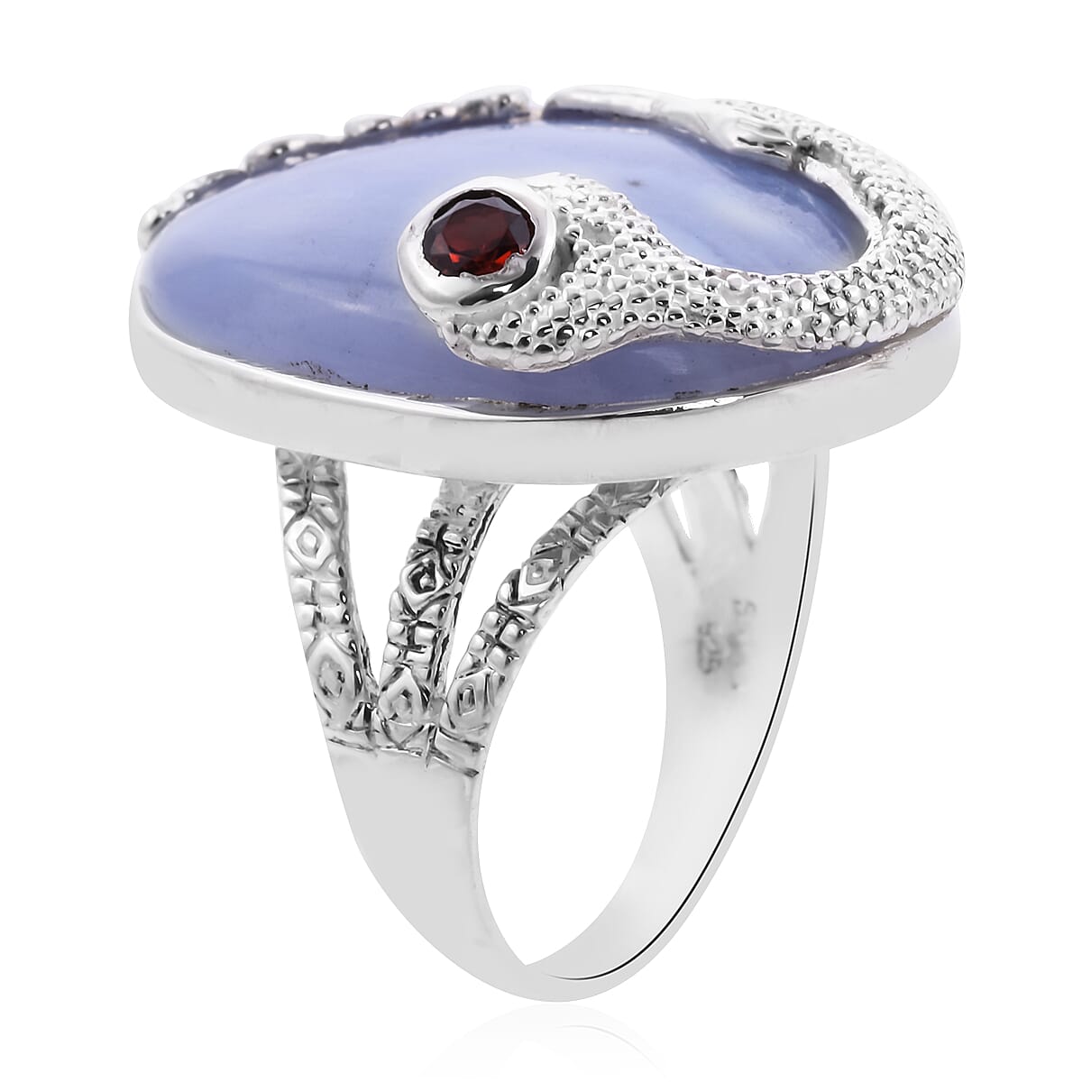 Sajen Silver - Blue Lace Agate and Mozambique Garnet Ring in Sterling Silver 38.00 Ct, Silver wt. 10.50 Gms
