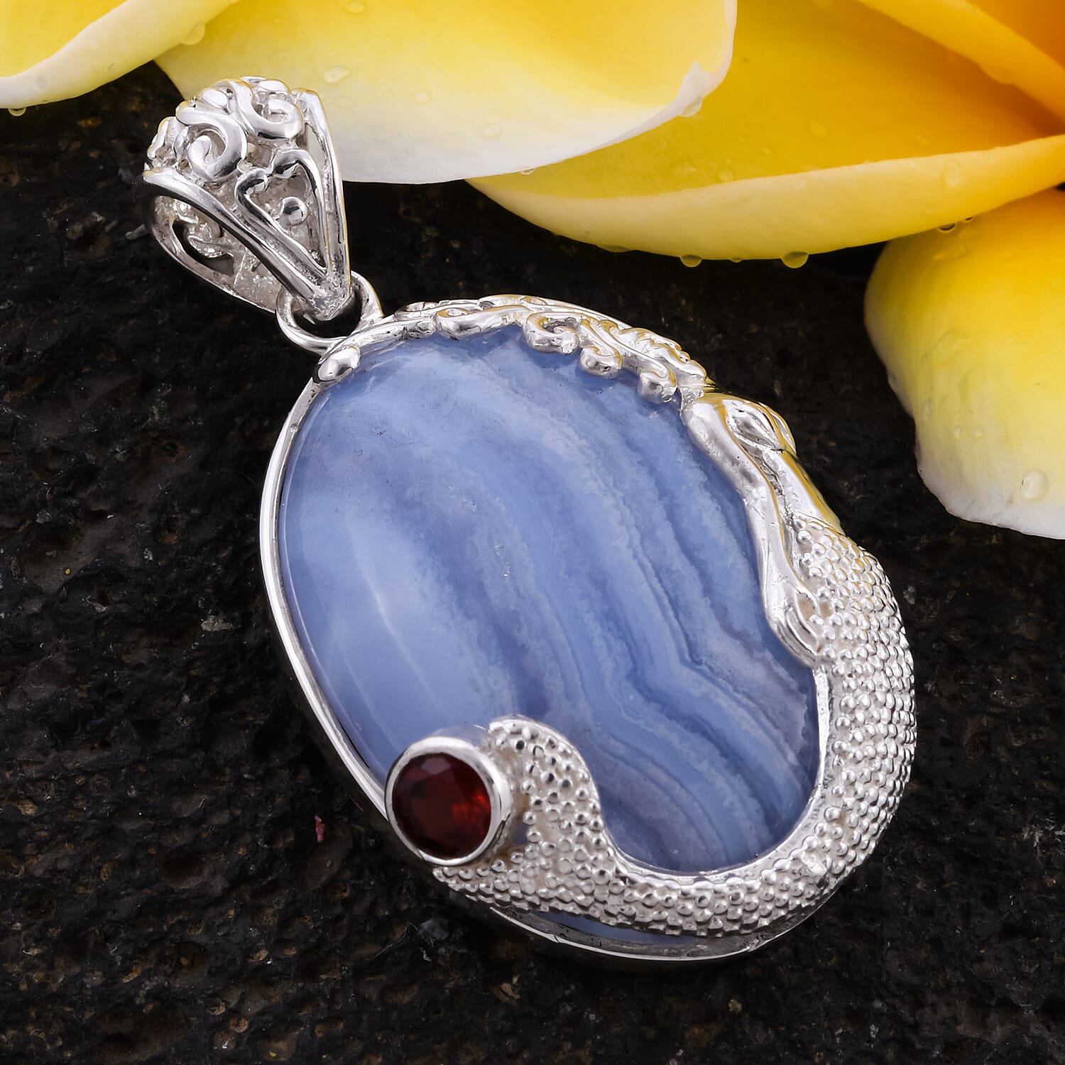 Sajen Silver Gem Vitality Collection - Blue Lace Agate and Mozambique Granet Pendant in Sterling Silver 38.00 Ct.