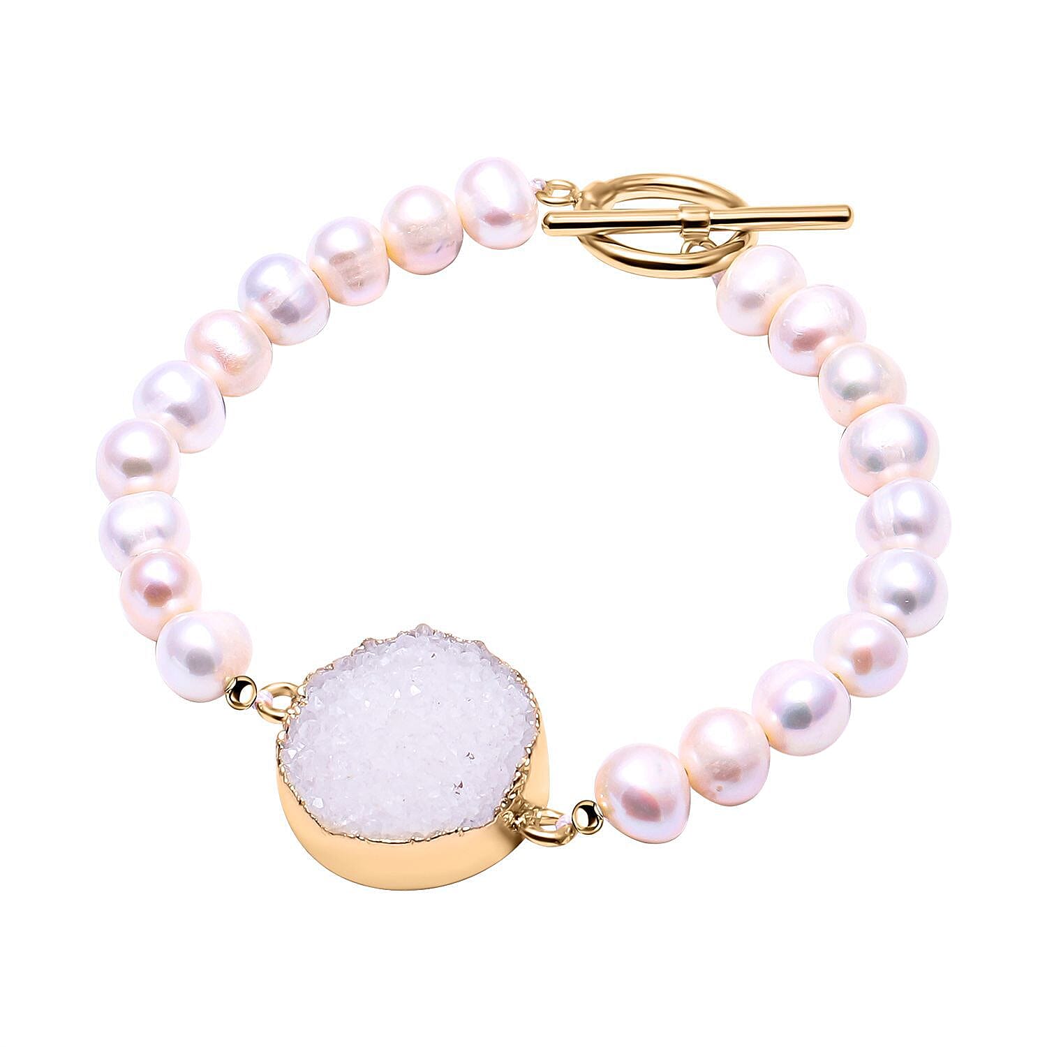 Snow White Drusy Quartz and White Freshwater Pearl Bracelet (Size 7.5) in Yellow Gold Tone