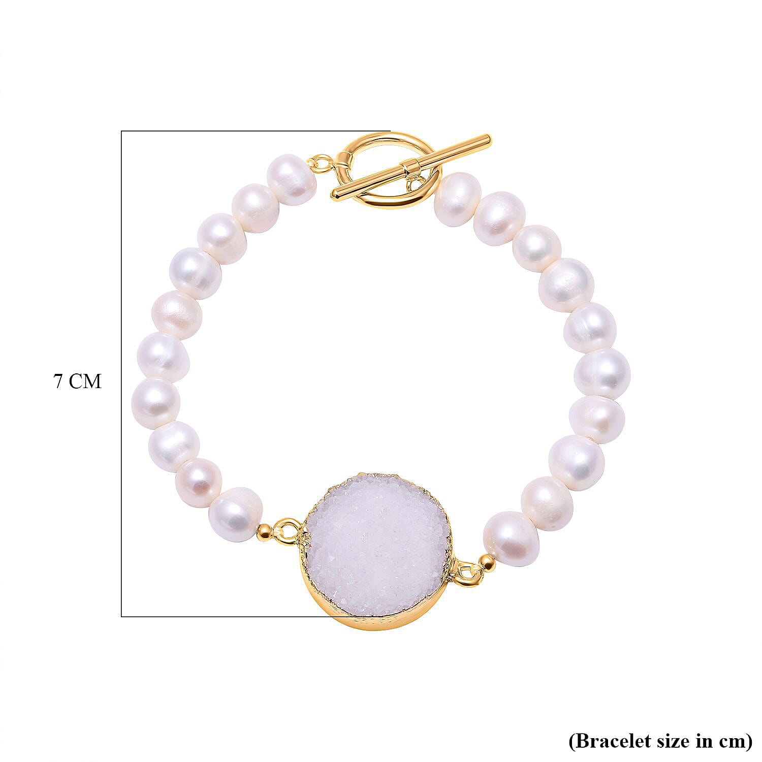 Snow White Drusy Quartz and White Freshwater Pearl Bracelet (Size 7.5) in Yellow Gold Tone