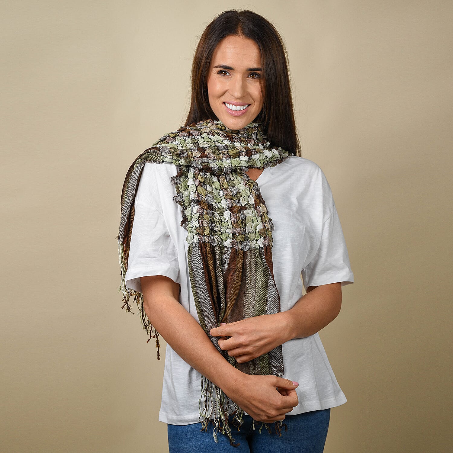 Stretch Smocking Scarf with Tassels in Green and Multi Colour (120x25cm)