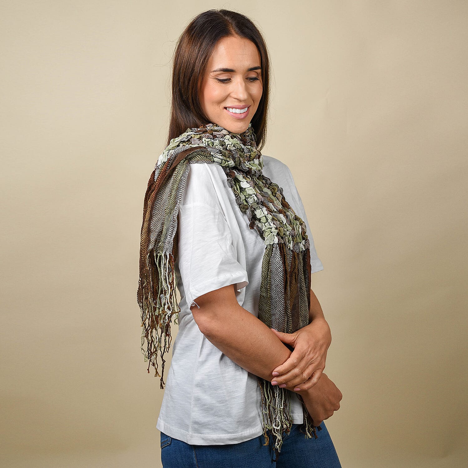 Stretch Smocking Scarf with Tassels in Green and Multi Colour (120x25cm)