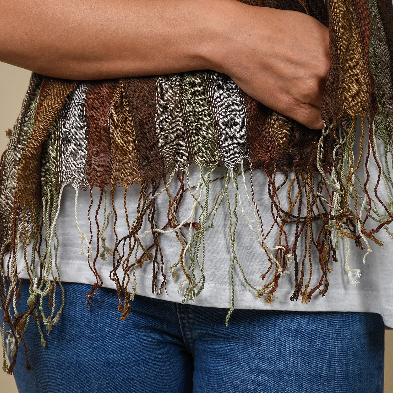 Stretch Smocking Scarf with Tassels in Green and Multi Colour (120x25cm)