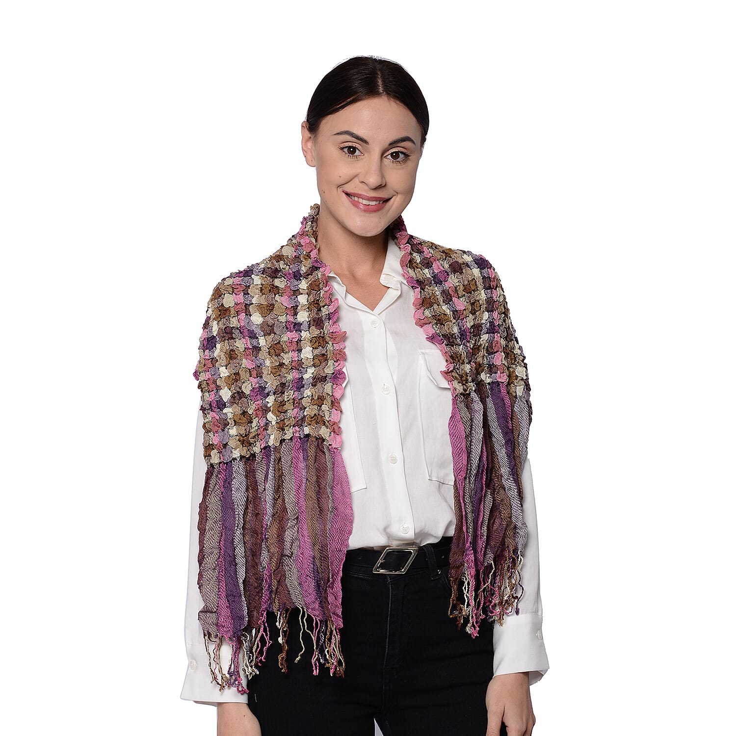 Stretch Smocking Scarf with Tassels in Purple (120x25cm)