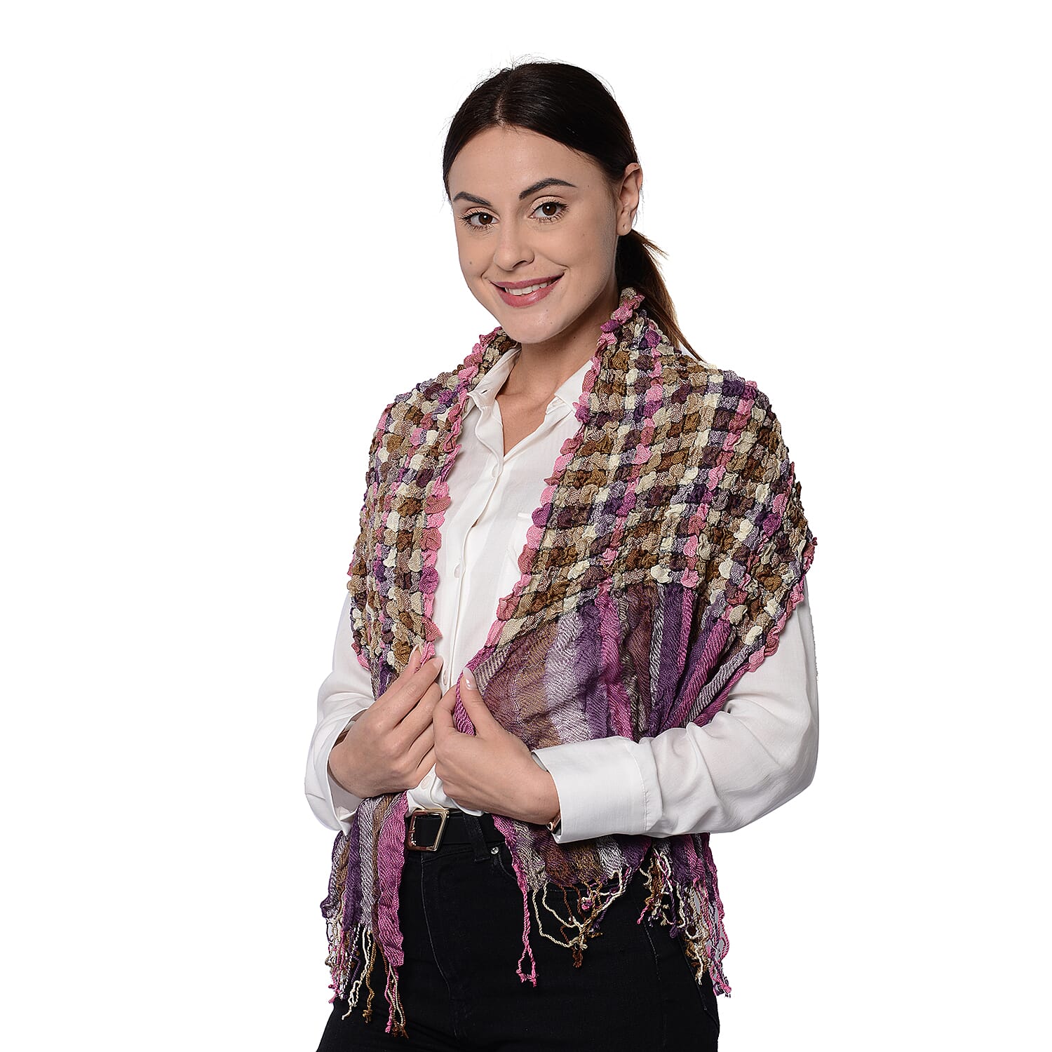 Stretch Smocking Scarf with Tassels in Purple (120x25cm)