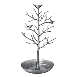 Antique Birds on Tree Stand Jewellery Holder Display in Silver Colour (Size 30x15 Cm)