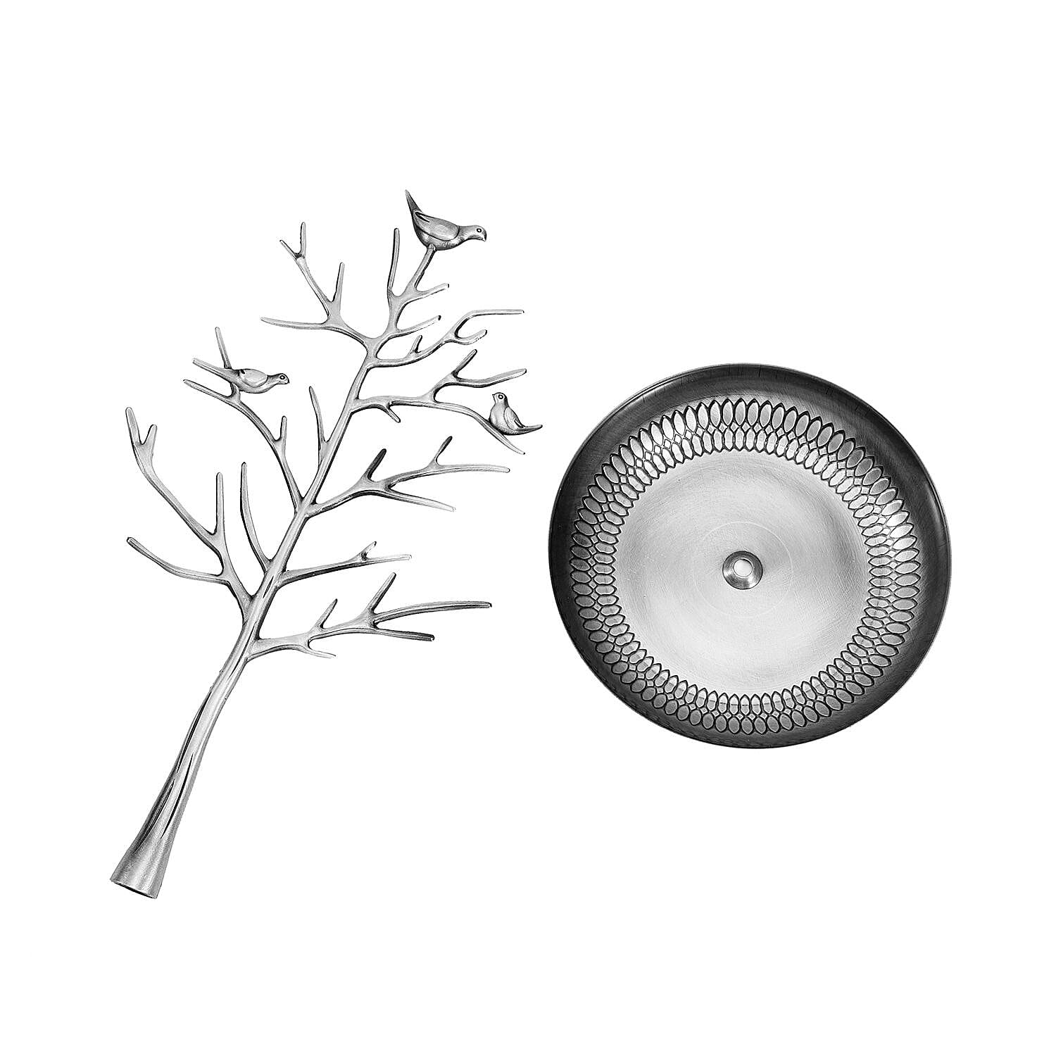 Vintage Style Antique Birds on Tree Jewellery Holder Stand (Size 30x15Cm) - Silver