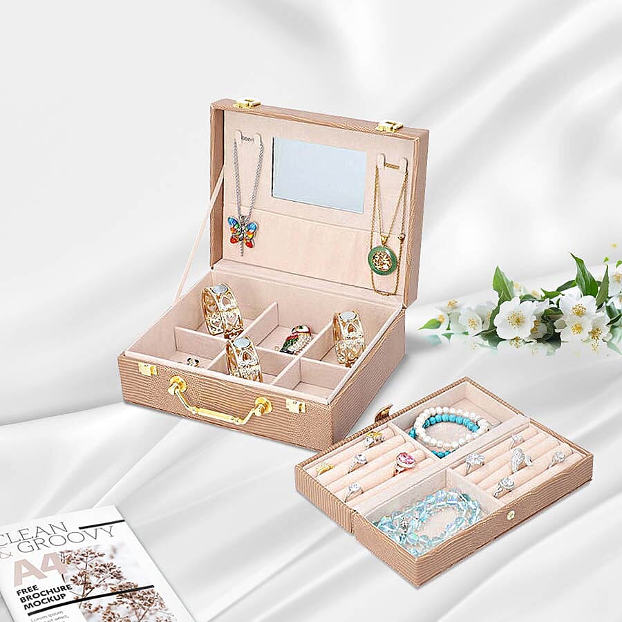 Set of 2 - Multi Purpose Two-Tier Lizard Skin Pattern Jewellery Box in Brown Colour