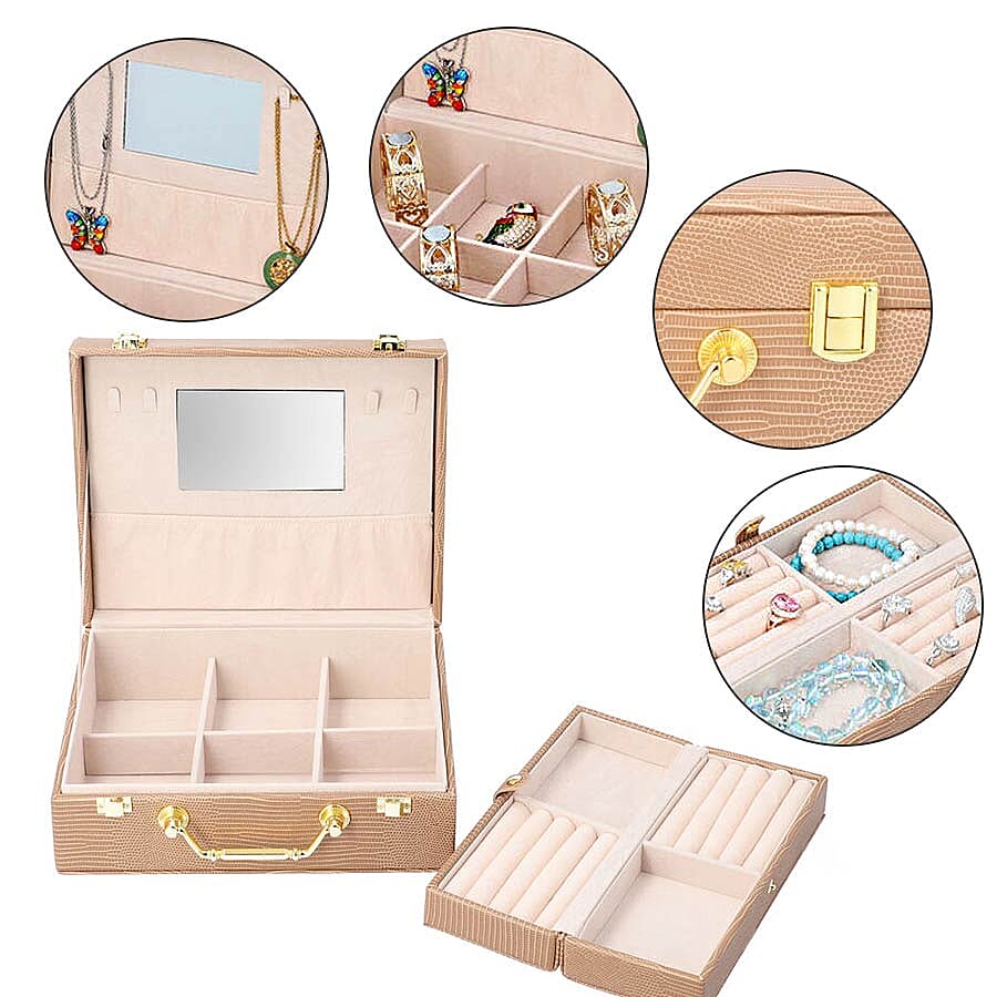 Set of 2 - Multi Purpose Two-Tier Lizard Skin Pattern Jewellery Box in Brown Colour