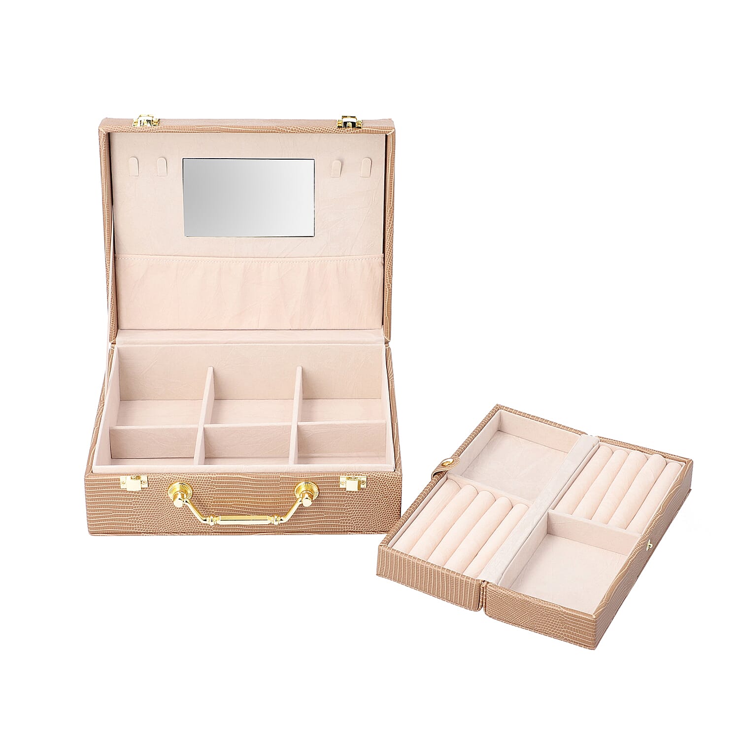 Set of 2 - Multi Purpose Two-Tier Lizard Skin Pattern Jewellery Box in Brown Colour