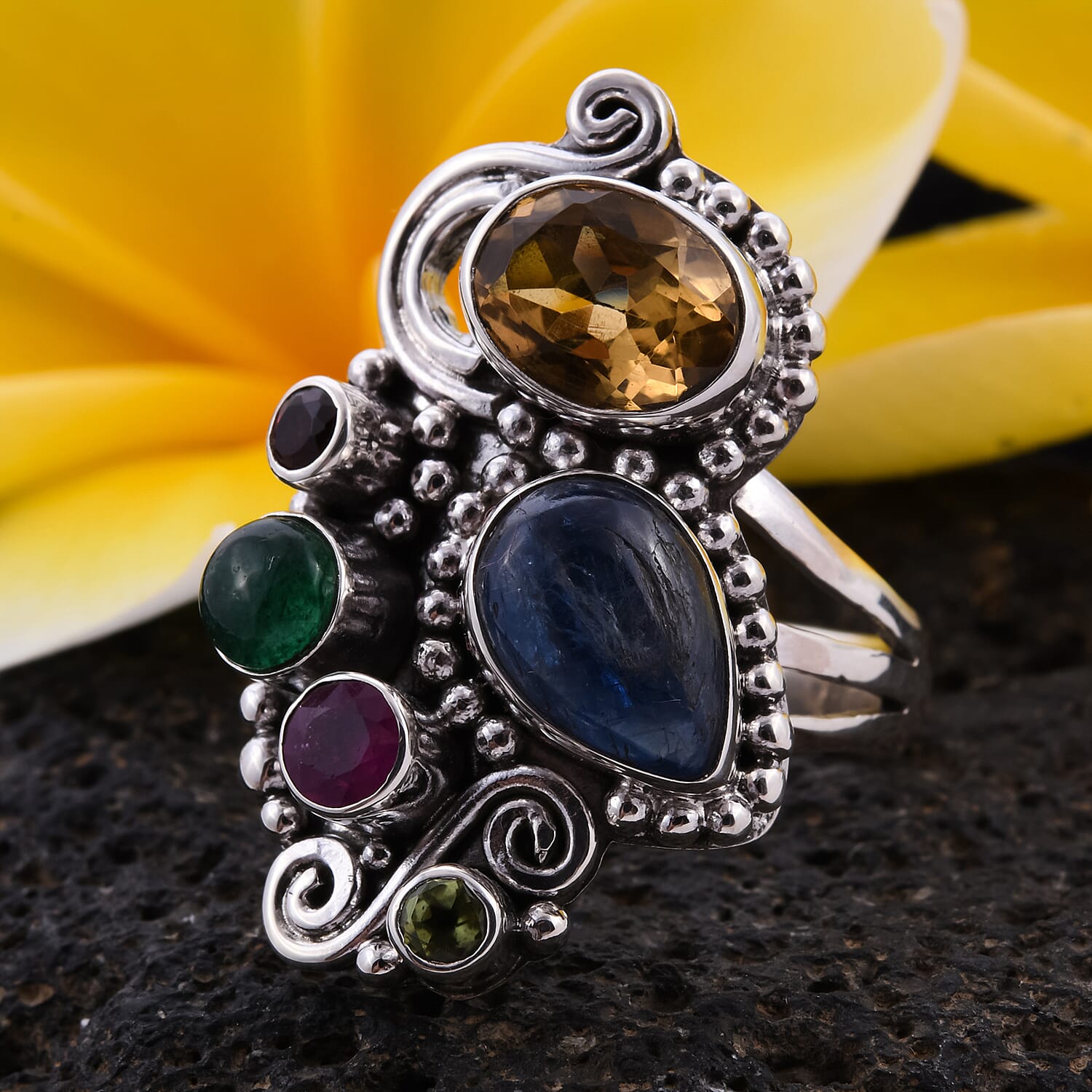 Sajen Silver Gem Vitality Collection - Kyanite, Citrine and Multi Gemstone Ring on Sterling Silver 5.58 Ct.