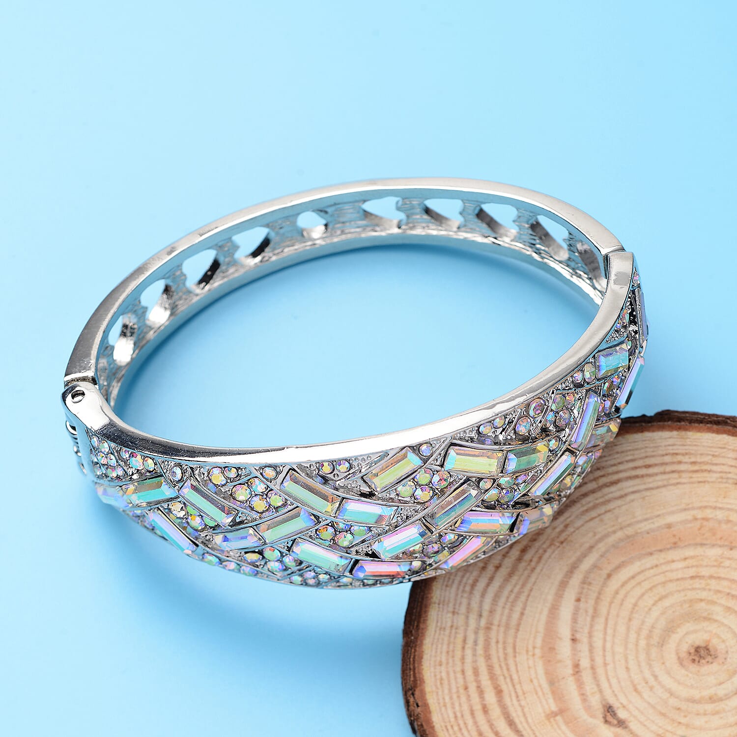 Simulated Mercury Mystic Topaz and White Austrian Crystal Bangle (Size 7.5) in Silver Tone