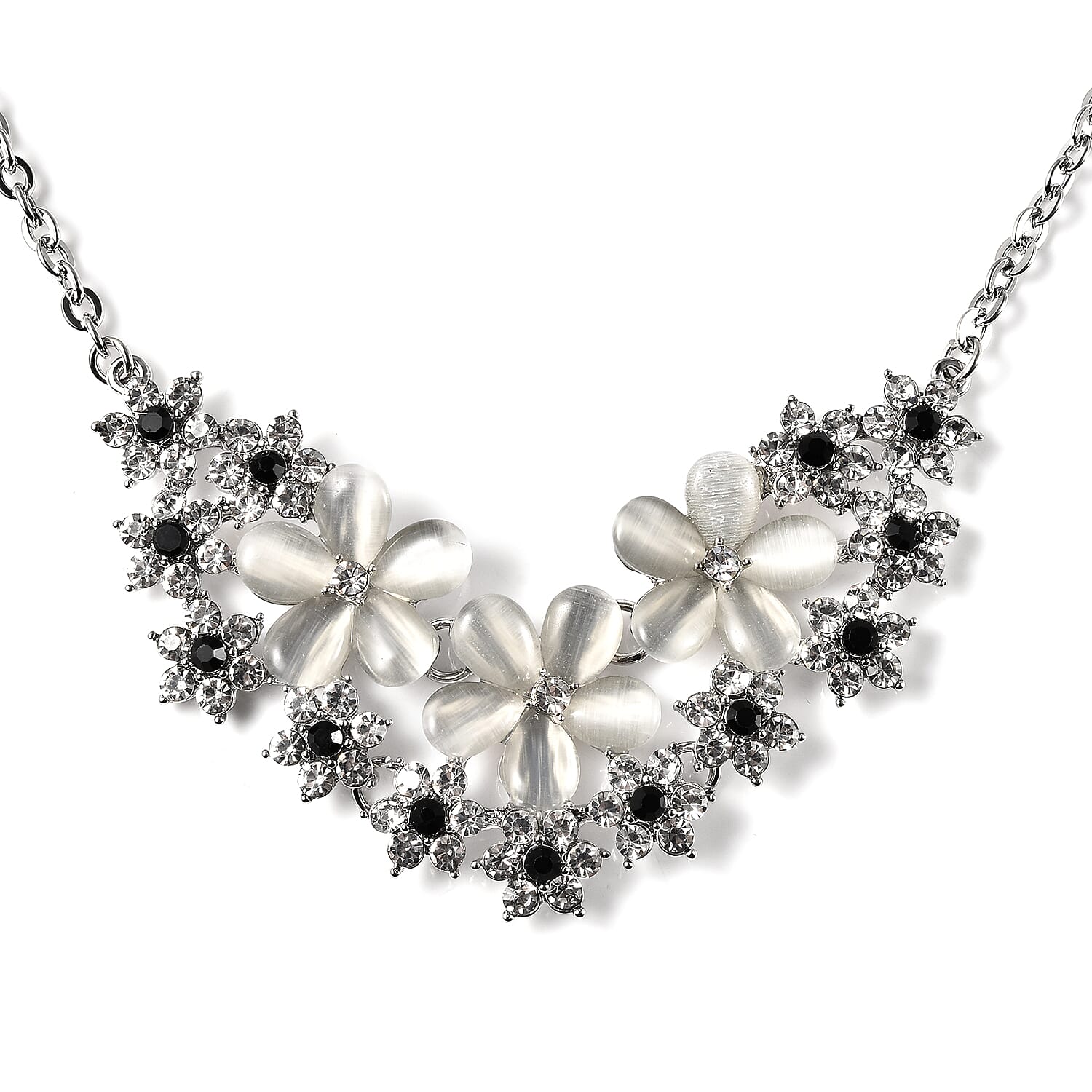 Simulated White Cats Eye, Black and White Crystal Floral Cluster Necklace (Size 20) in Silver Tone