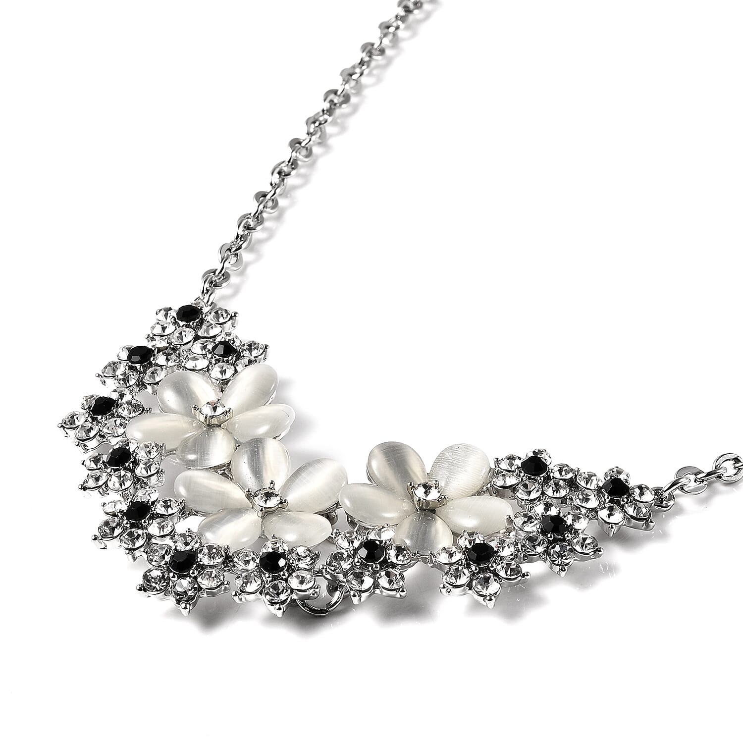 Simulated White Cats Eye, Black and White Crystal Floral Cluster Necklace (Size 20) in Silver Tone
