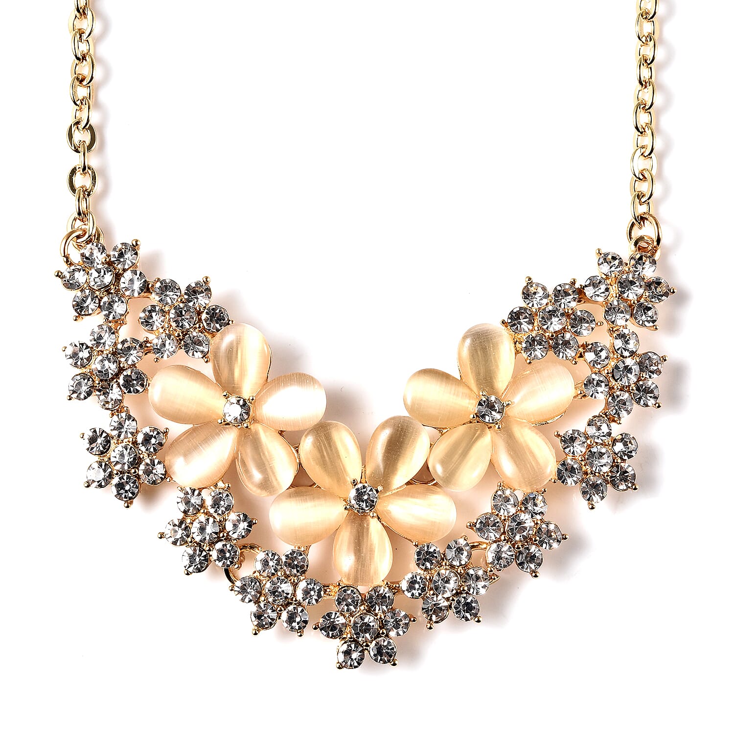 Simulated White Cats Eye, White Crystal Floral Cluster Necklace (Size 20) in Gold Tone