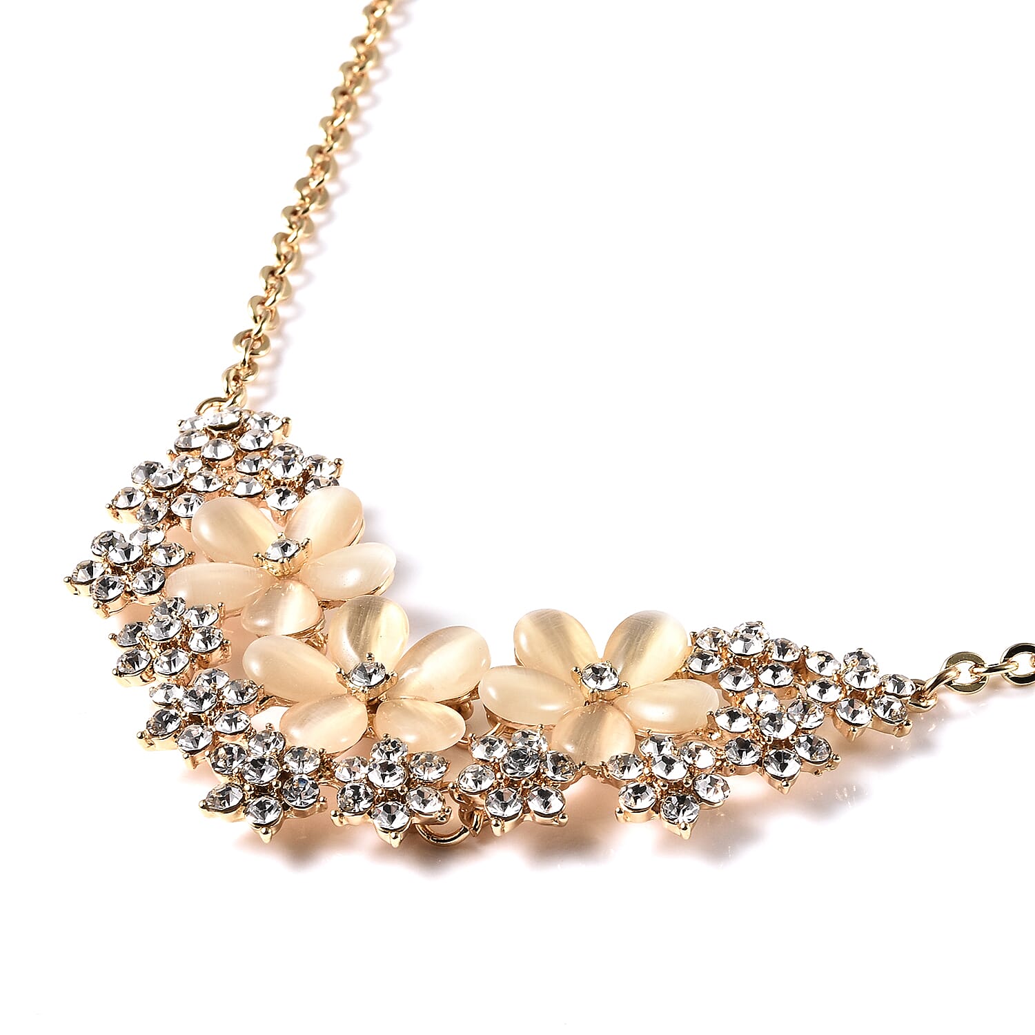 Simulated White Cats Eye, White Crystal Floral Cluster Necklace (Size 20) in Gold Tone