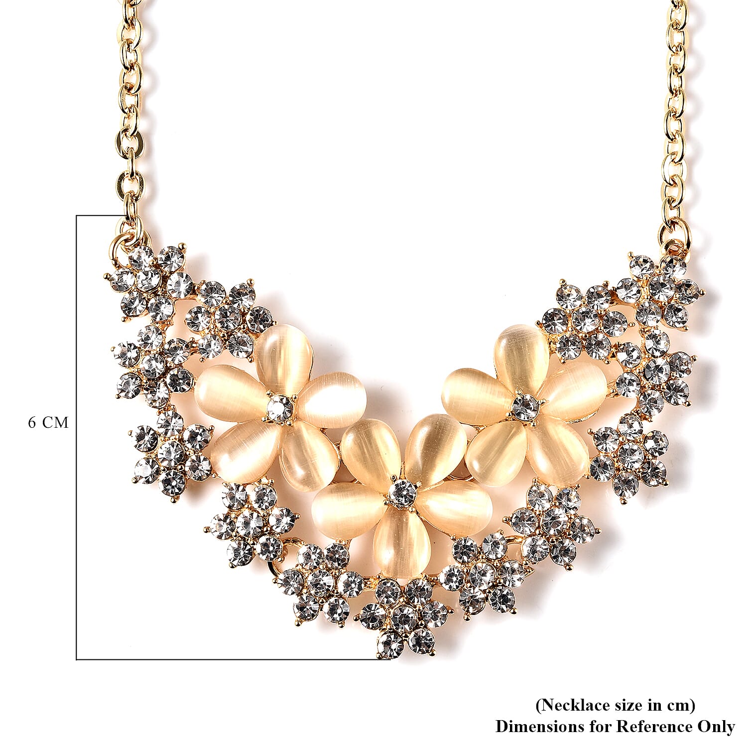 Simulated White Cats Eye, White Crystal Floral Cluster Necklace (Size 20) in Gold Tone