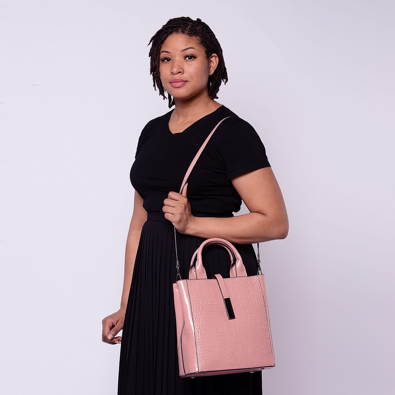 Sencillez Croc Embossed 100% Genuine Leather Convertible Bag (26x12x26 Cm) - Pink