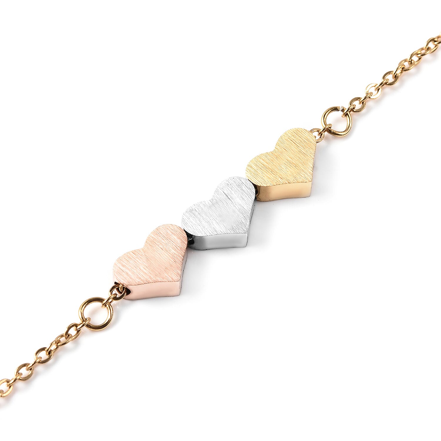 Triple Heart Bracelet (Size 6.5 with 1.5 inch Extender) in Tri-Tone Stainless Steel