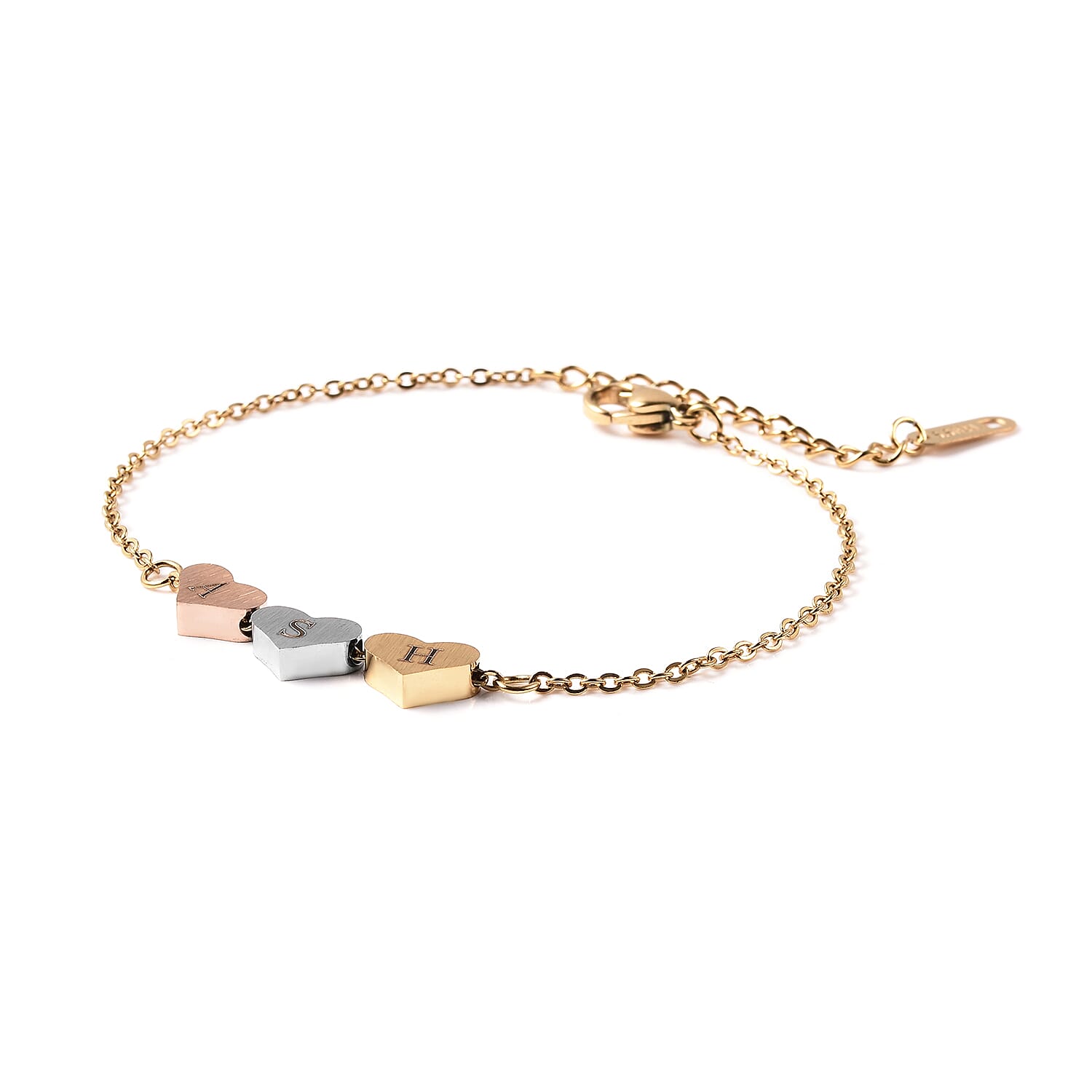 Triple Heart Bracelet (Size 6.5 with 1.5 inch Extender) in Tri-Tone Stainless Steel