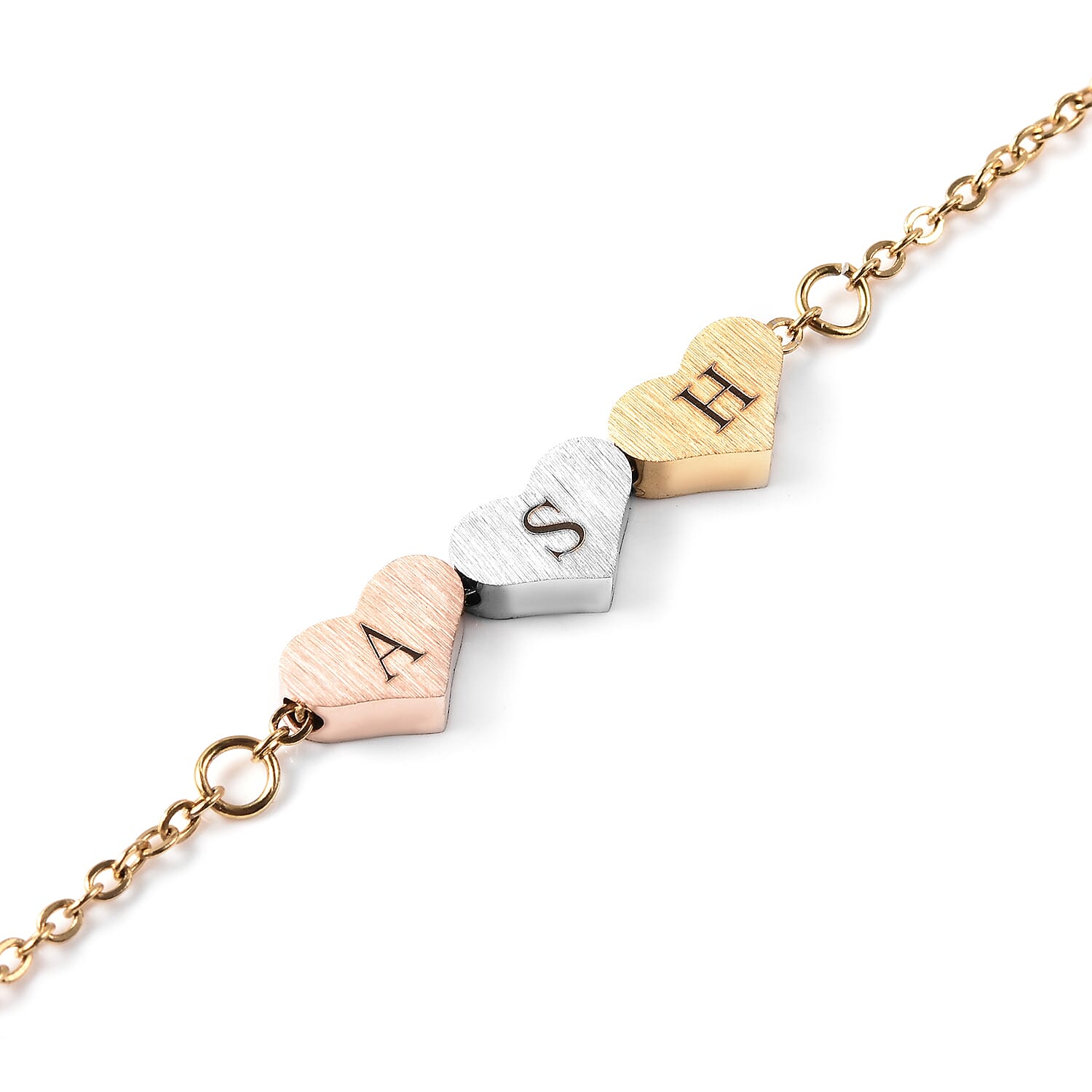 Triple Heart Bracelet (Size 6.5 with 1.5 inch Extender) in Tri-Tone Stainless Steel