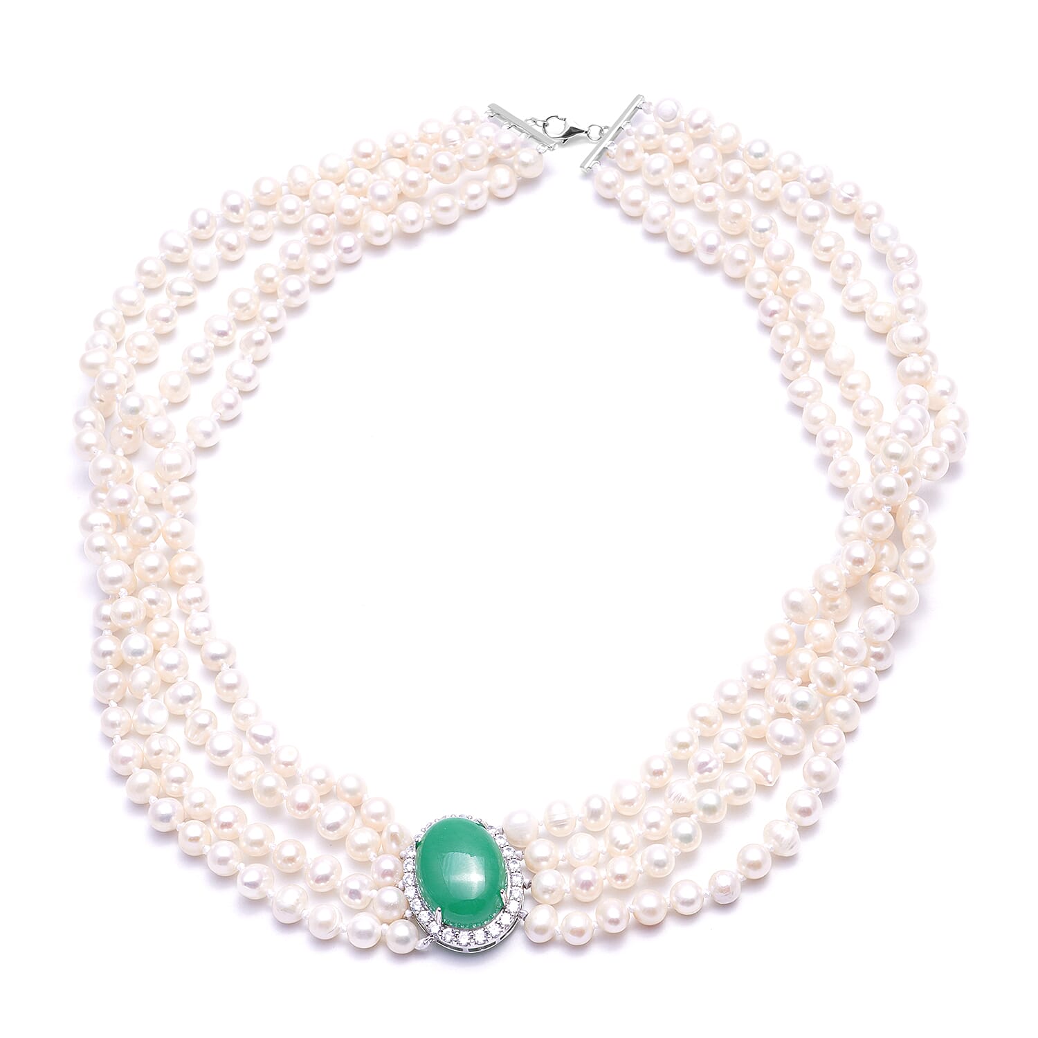 Green Jade (15.00 Ct), White Freshwater Pearl and Natural Cambodian Zircon Necklace (Size - 18) in Sterling Silver