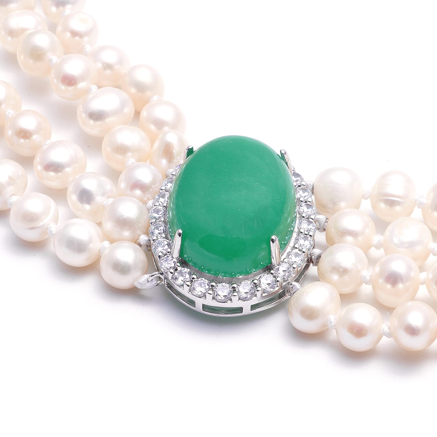 Green Jade (15.00 Ct), White Freshwater Pearl and Natural Cambodian Zircon Necklace (Size - 18) in Sterling Silver