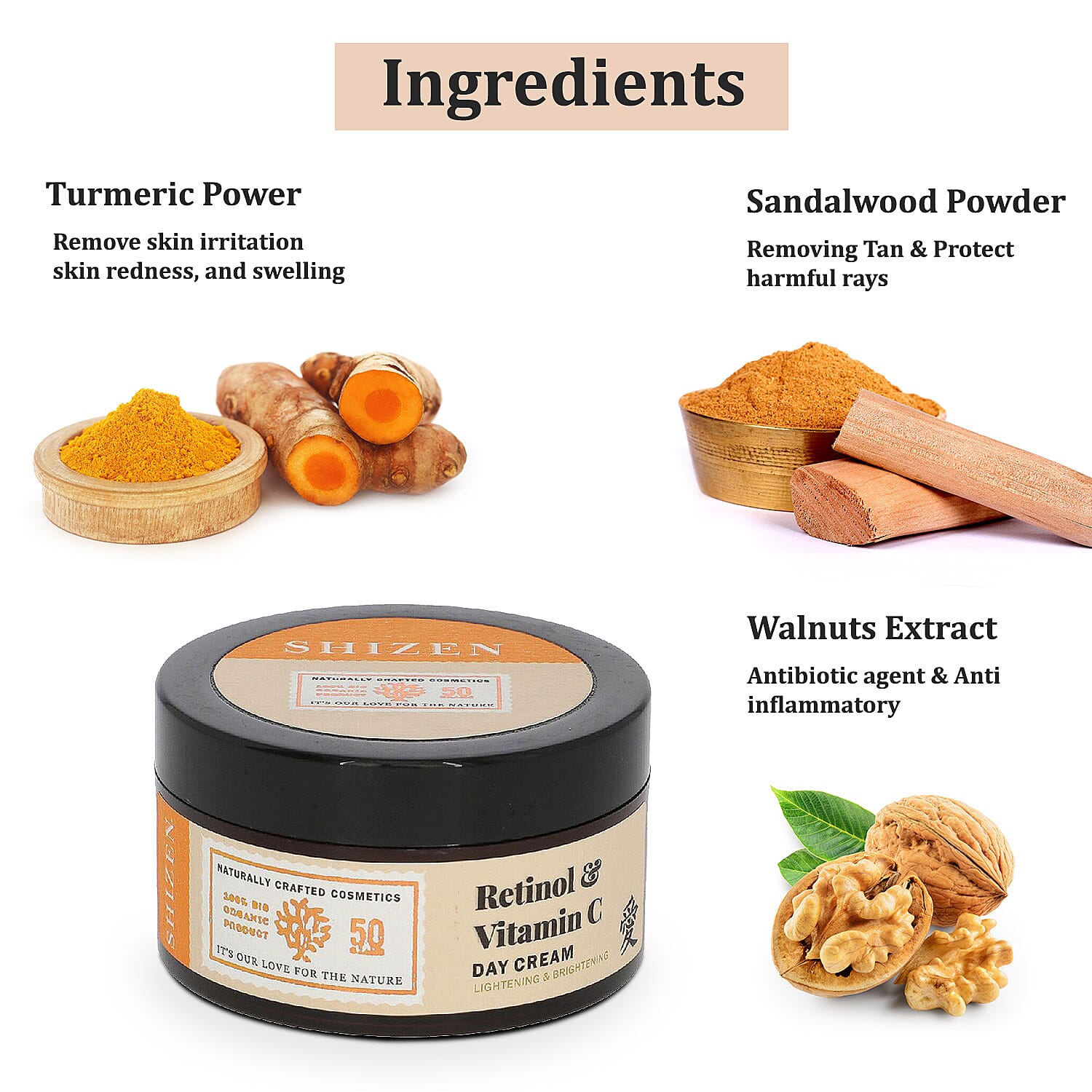 SHIZEN- Retinol - Vitamin C Day Cream - Brightening Face Cream- No Parabens 100% Organic - 50 Gms.