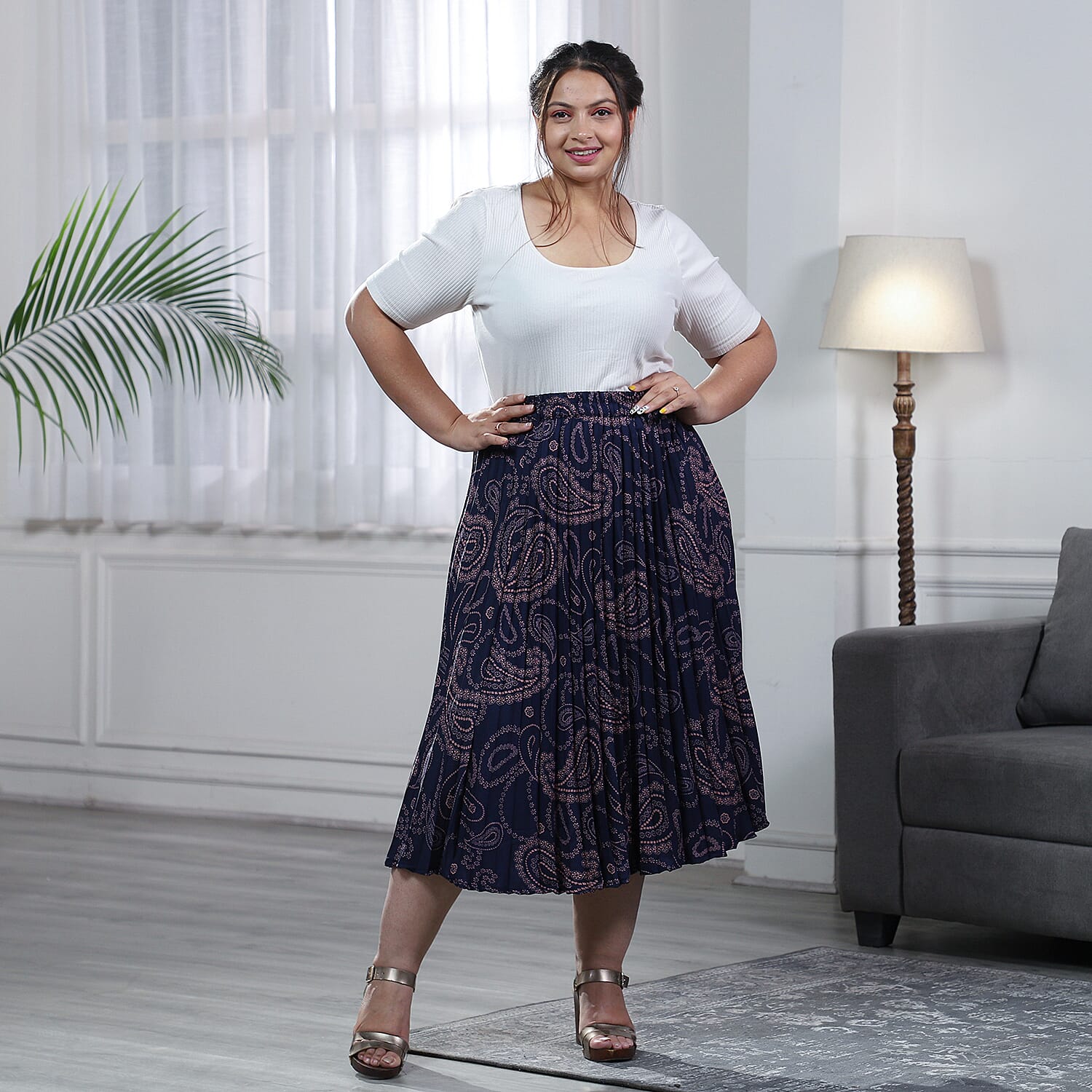 Blue Pleated Midi Skirt with Elasticated Waist