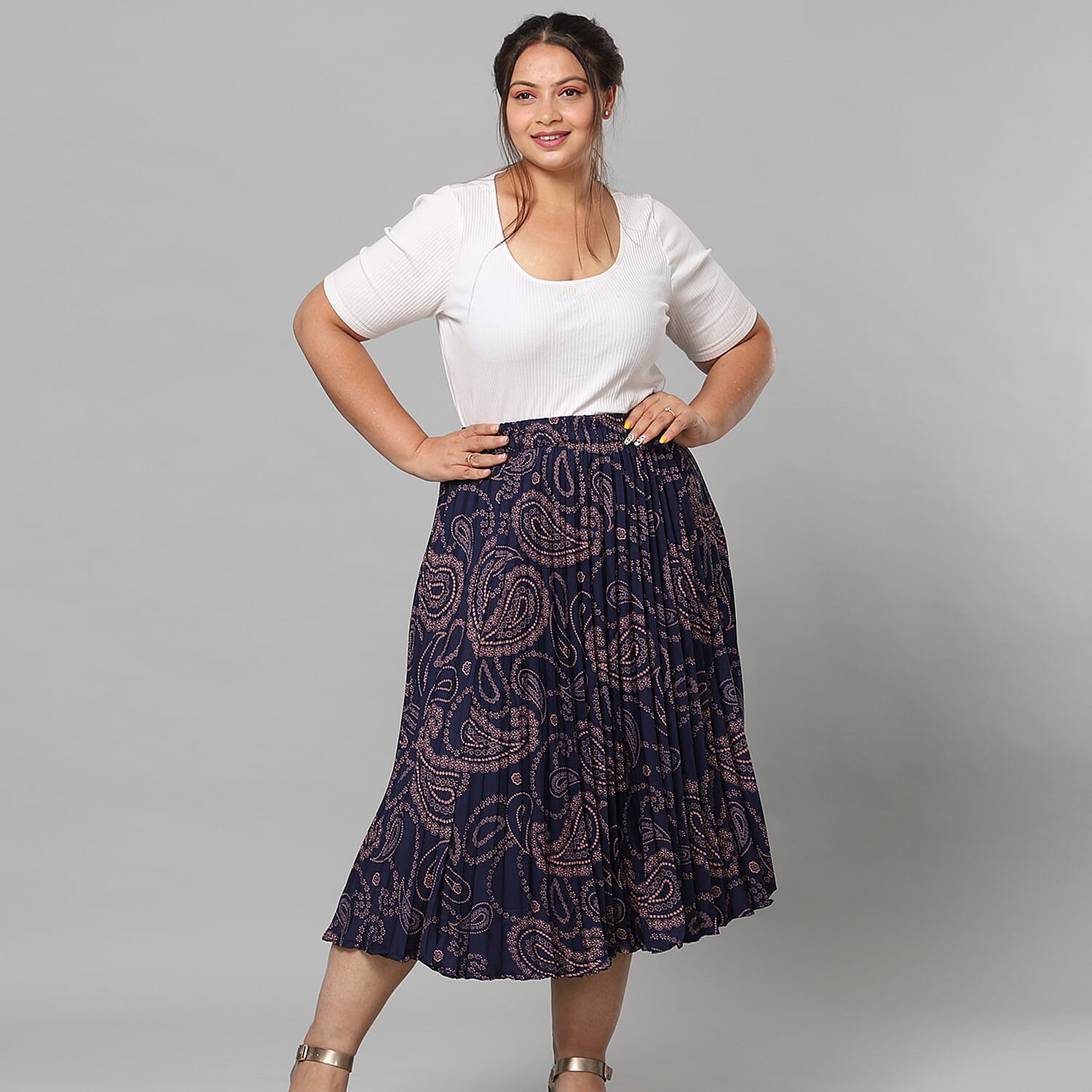 Blue Pleated Midi Skirt with Elasticated Waist