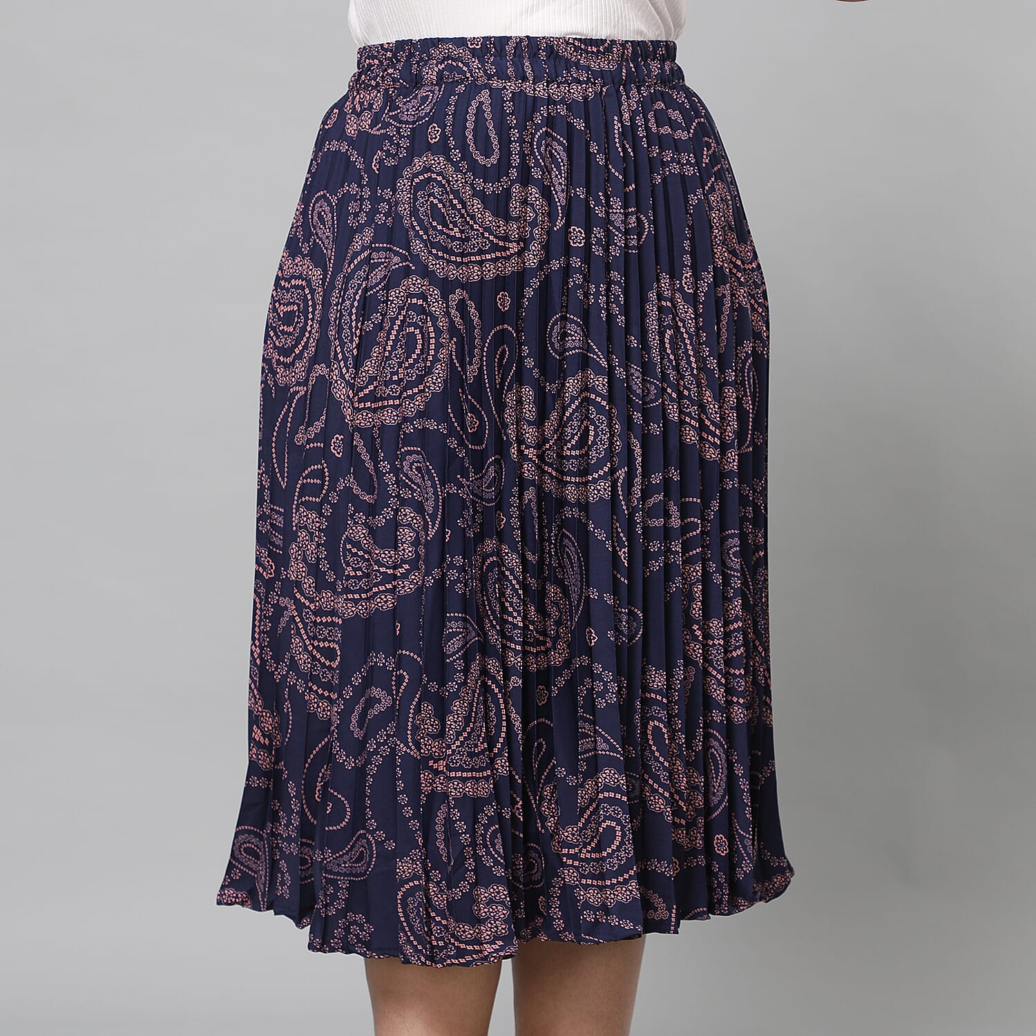 Blue Pleated Midi Skirt with Elasticated Waist