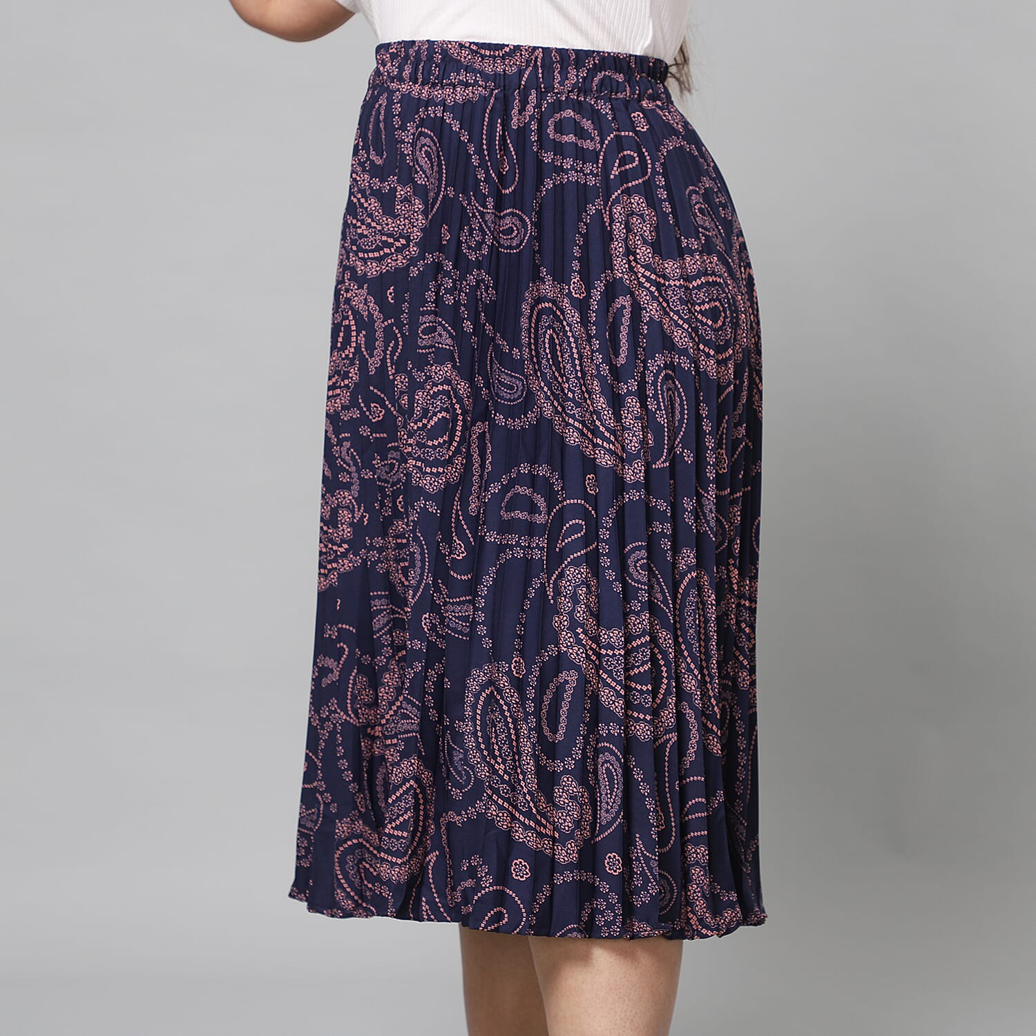 Blue Pleated Midi Skirt with Elasticated Waist