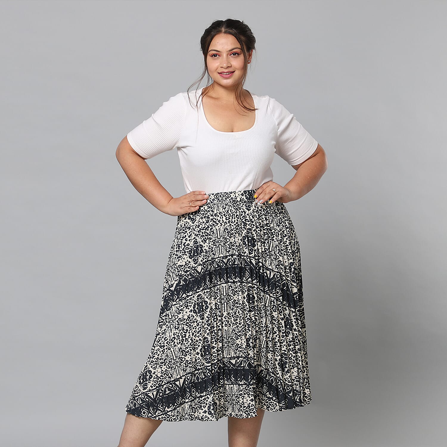 Cream Pleated Midi Skirt with Elasticated Waist