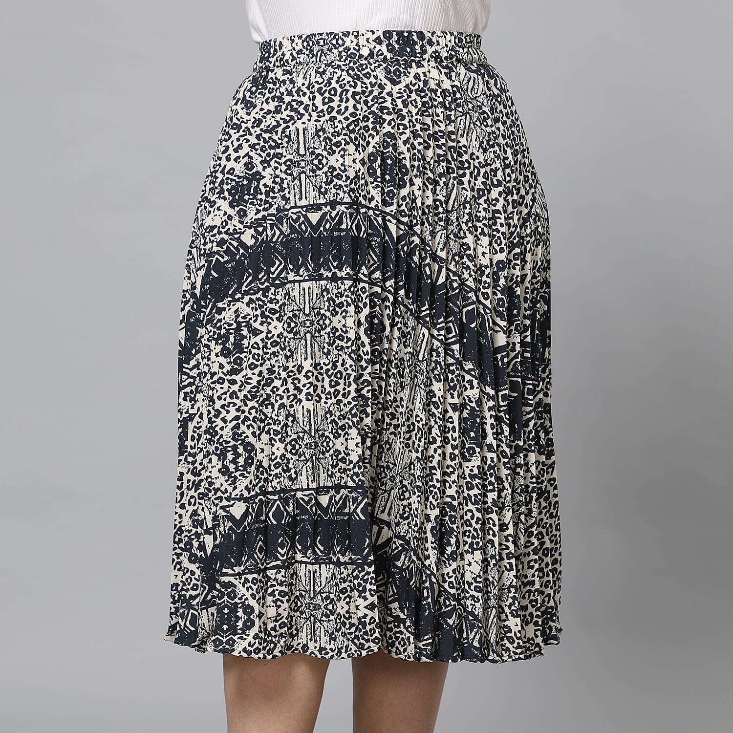 Cream Pleated Midi Skirt with Elasticated Waist