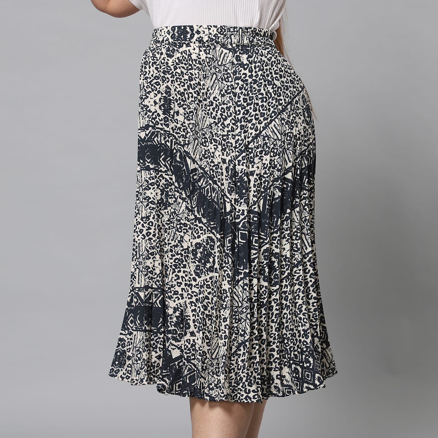 Cream Pleated Midi Skirt with Elasticated Waist