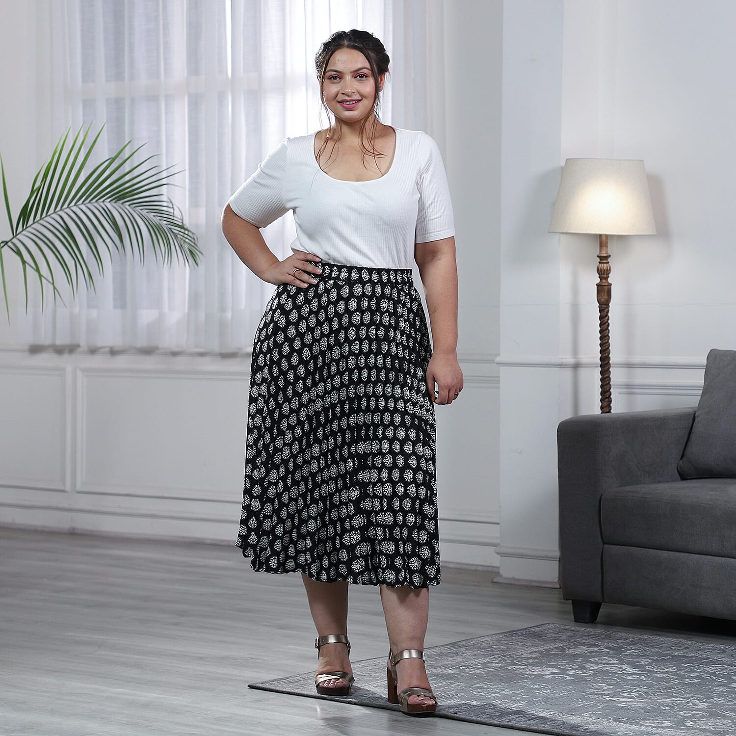 Black Pleated Midi Skirt with Elasticated Waist