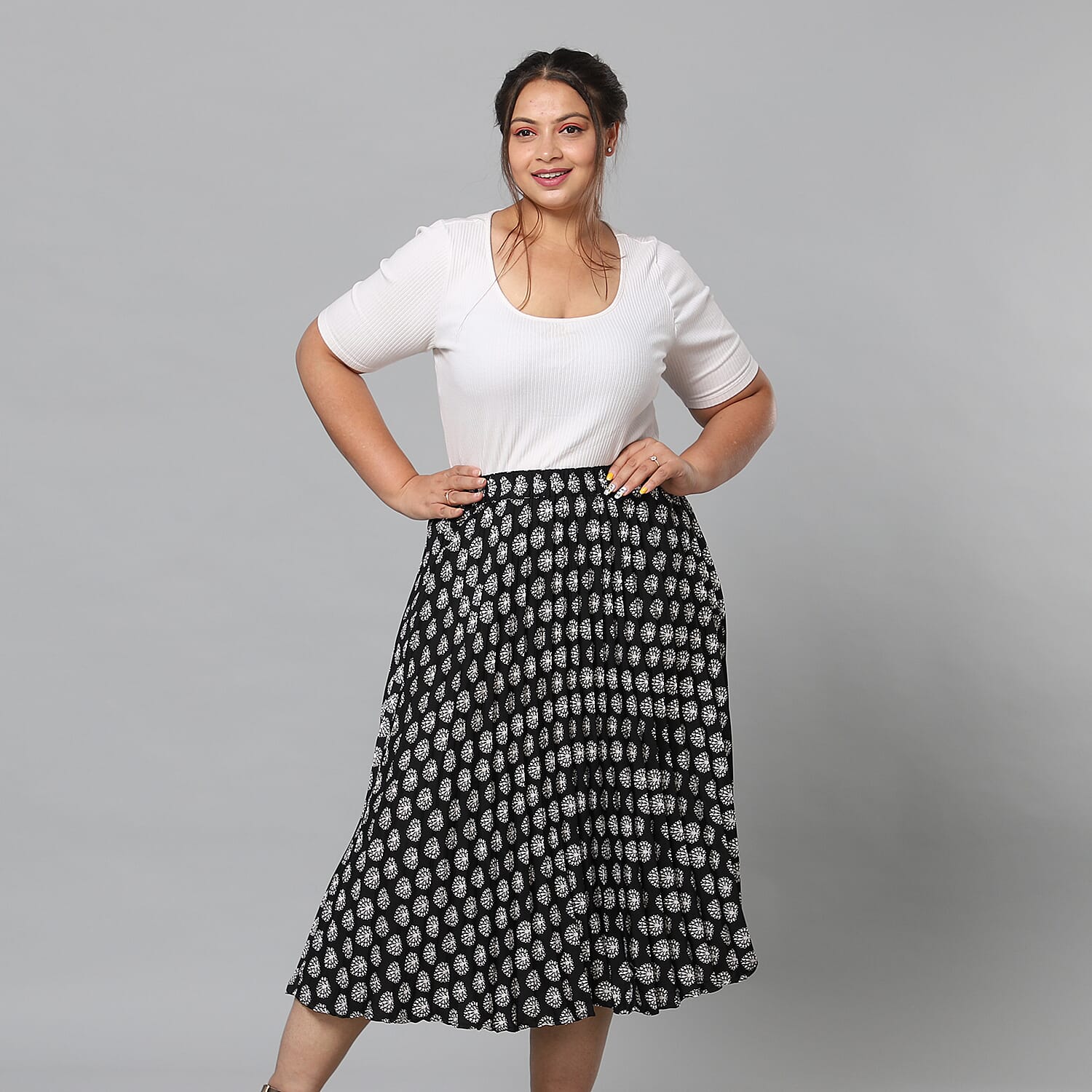 Black Pleated Midi Skirt with Elasticated Waist