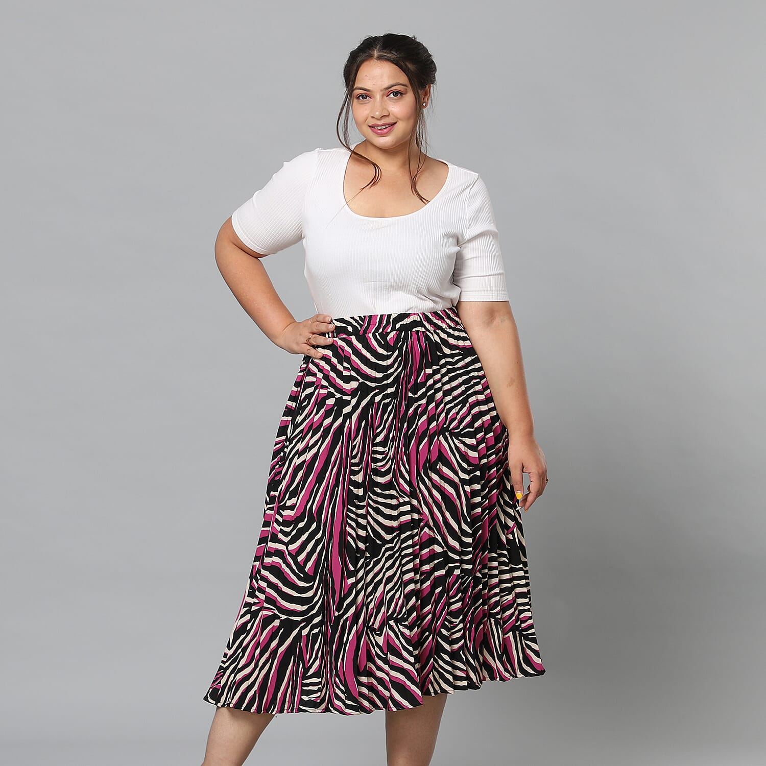 Black and Pink Pleated Midi Skirt (Size L/XL, 16-20)