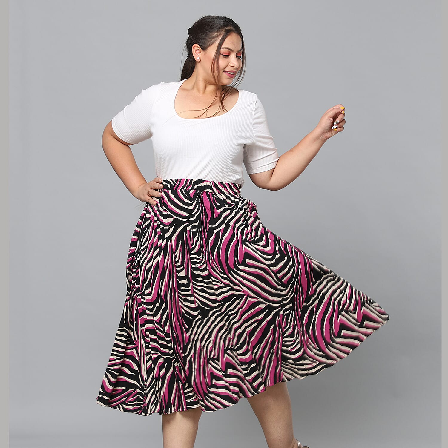 Black and Pink Pleated Midi Skirt (Size L/XL, 16-20)