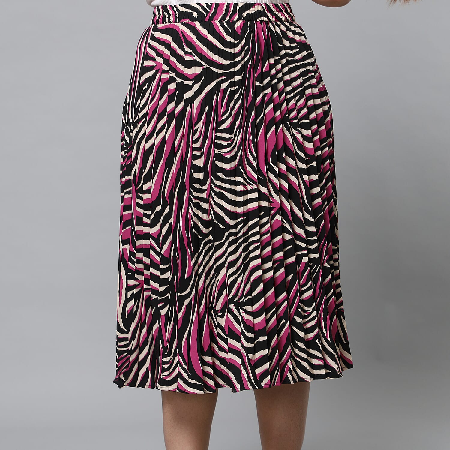 Black and Pink Pleated Midi Skirt (Size L/XL, 16-20)