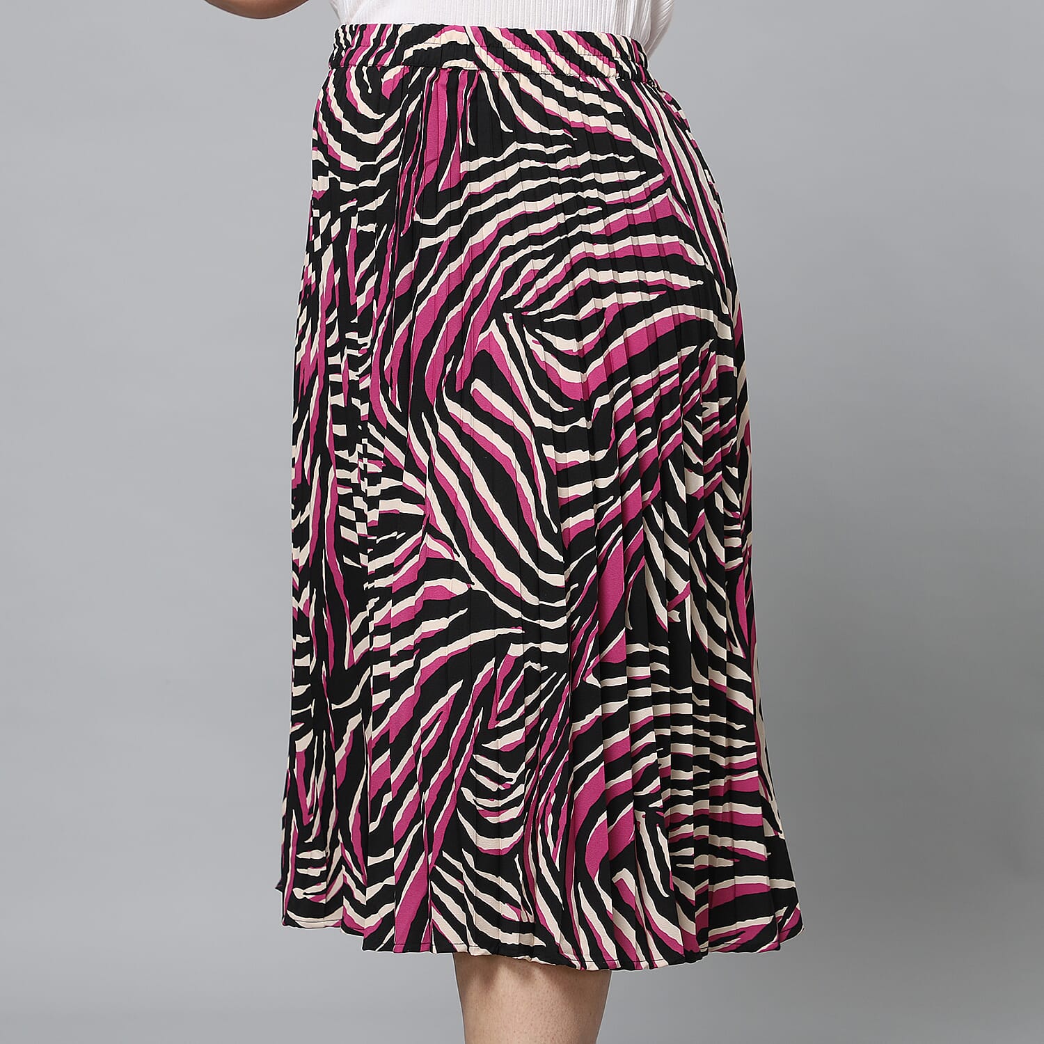 Black and Pink Pleated Midi Skirt (Size L/XL, 16-20)