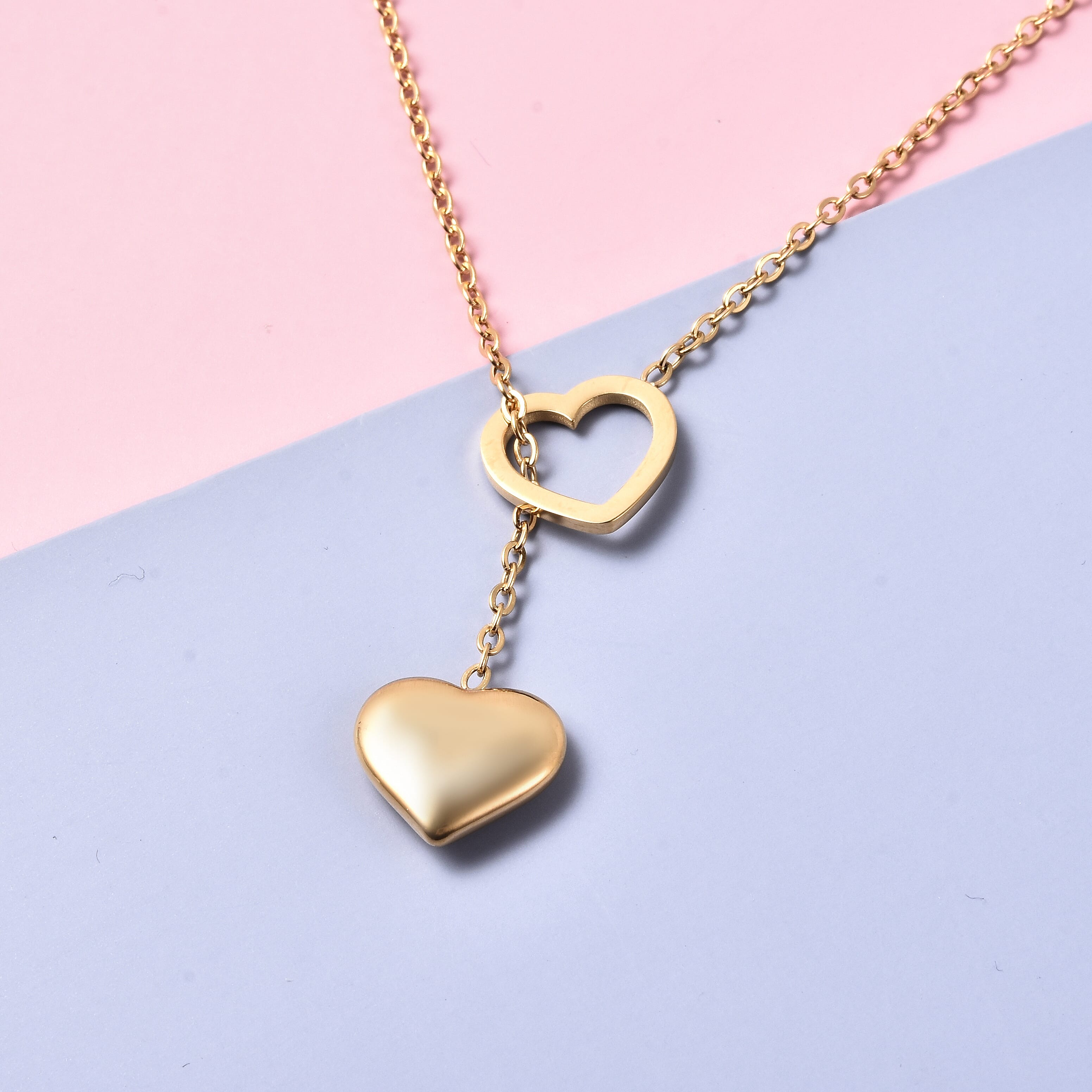 Solid and Hollow Heart Charm Slider Necklace (Size 17 with 2 inch Extender) in Yellow Gold Tone Stainless Steel