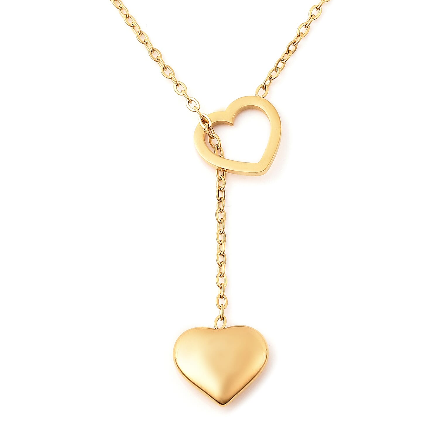 Solid and Hollow Heart Charm Slider Necklace (Size 17 with 2 inch Extender) in Yellow Gold Tone Stainless Steel