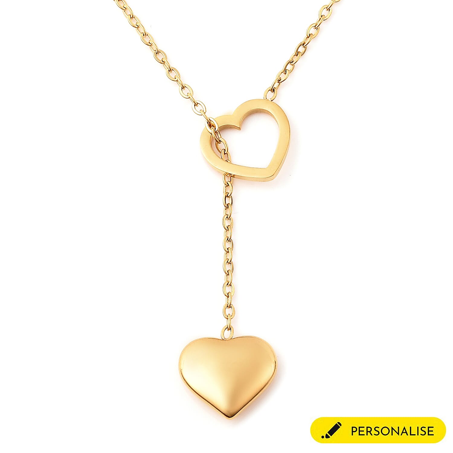 Solid and Hollow Heart Charm Slider Necklace (Size 17 with 2 inch Extender) in Yellow Gold Tone Stainless Steel