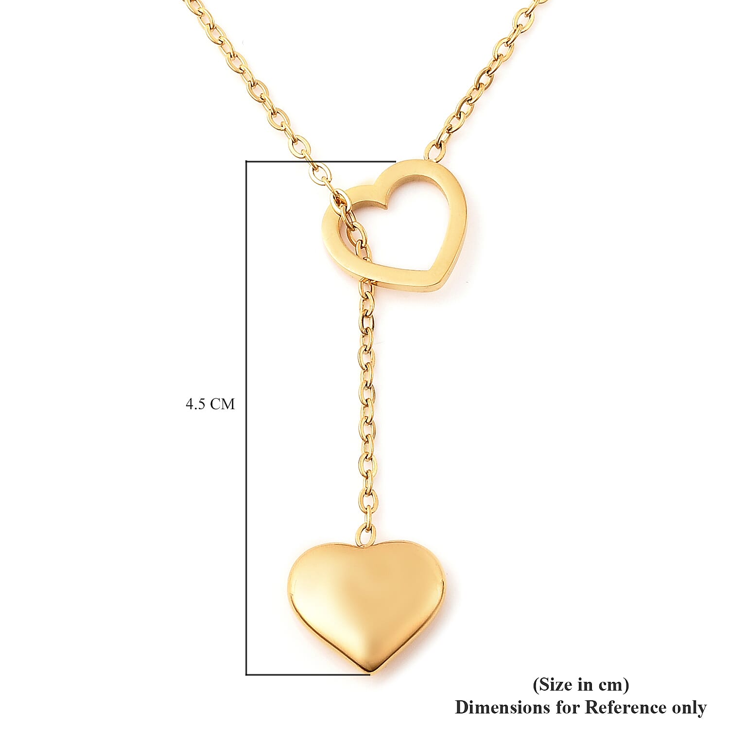 Solid and Hollow Heart Charm Slider Necklace (Size 17 with 2 inch Extender) in Yellow Gold Tone Stainless Steel